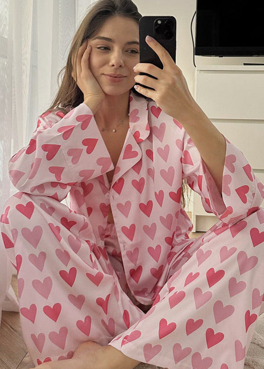 Kalp Desenli Saten Pijama Takımı
