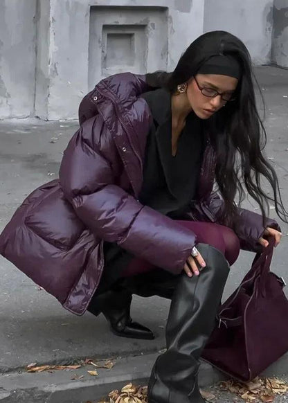 Mürdüm Parlak Oversize Şişme Ceket