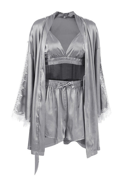 Gümüş Saten Dantelli Pijama Takımı