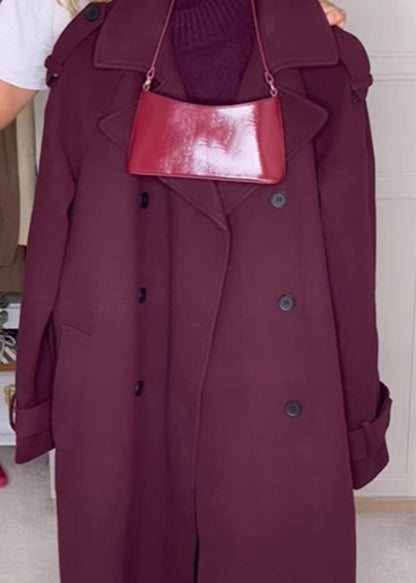 Bordo Kuşaklı Yün Kaban