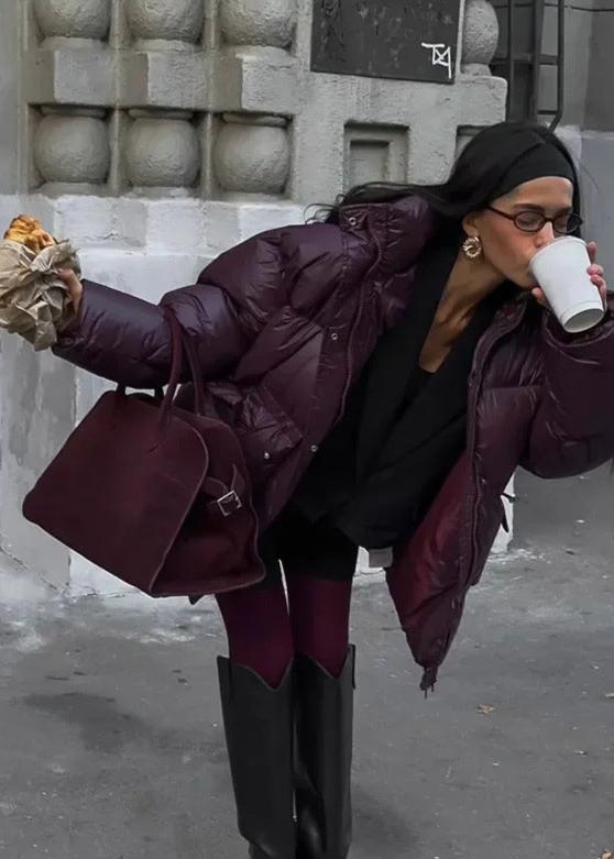 Mürdüm Parlak Oversize Şişme Ceket