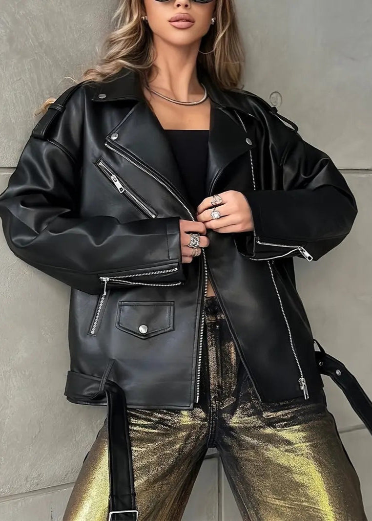 Oversize Suni Deri Biker Ceket