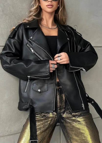 Oversize Suni Deri Biker Ceket