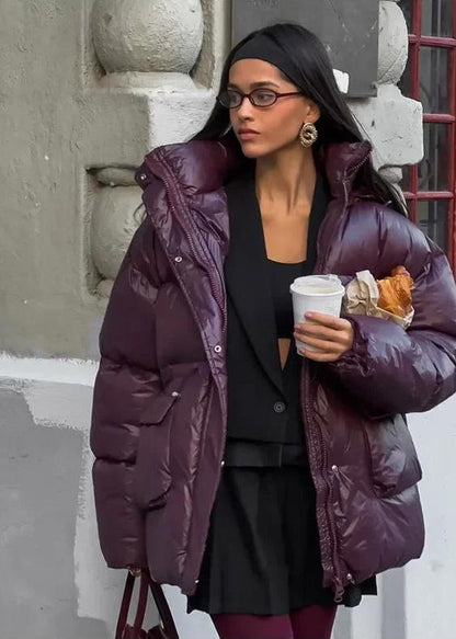Mürdüm Parlak Oversize Şişme Ceket