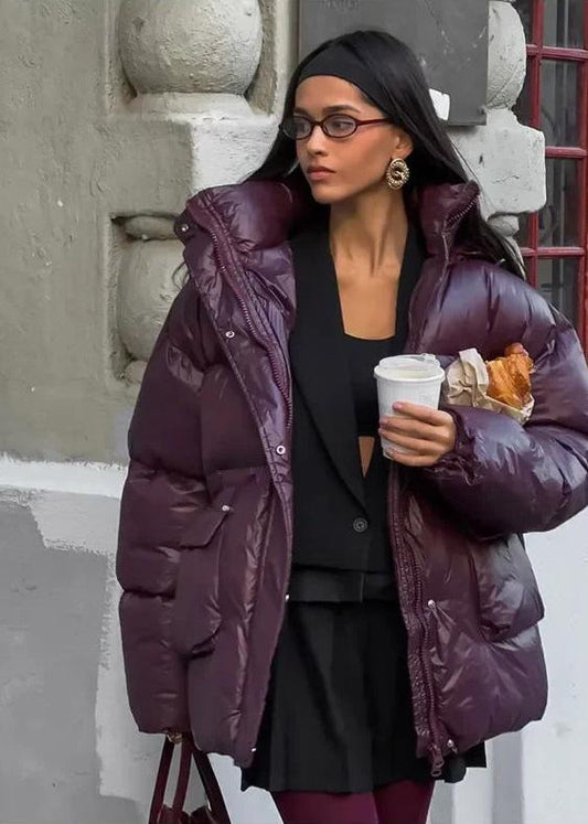 Mürdüm Parlak Oversize Şişme Ceket