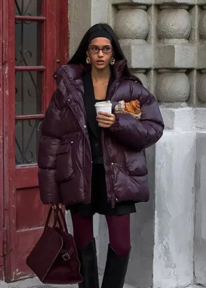 Mürdüm Parlak Oversize Şişme Ceket