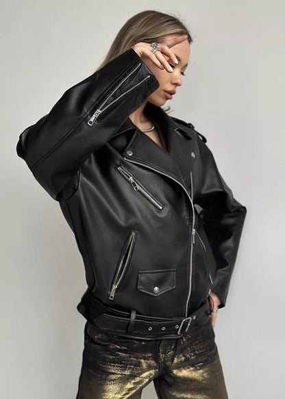 Oversize Suni Deri Biker Ceket