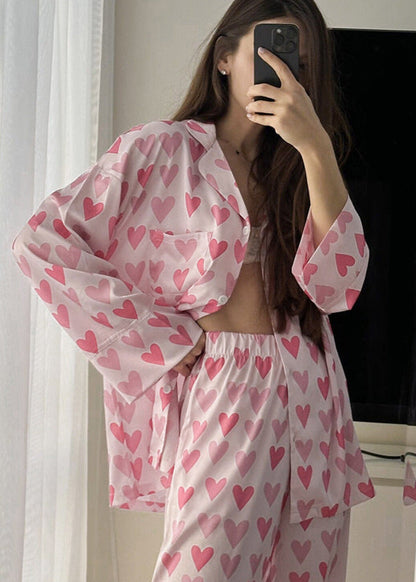Kalp Desenli Saten Pijama Takımı