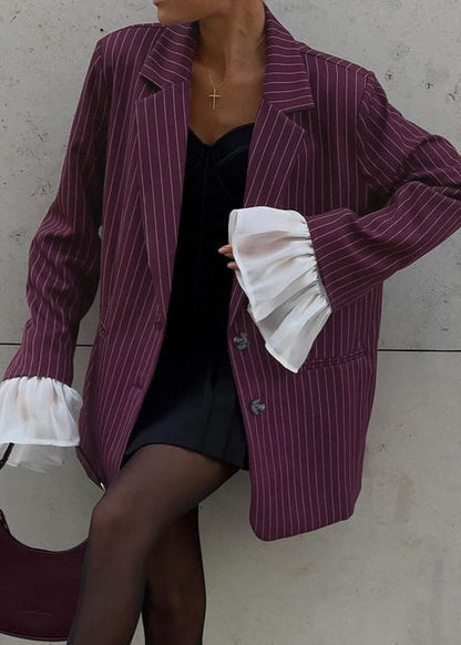 Açıklama Kollu Bordo İnce Çizgili Blazer
