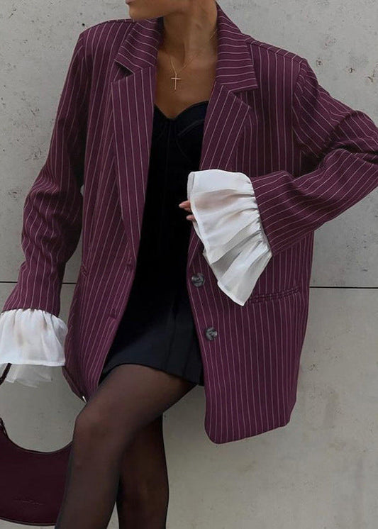 Açıklama Kollu Bordo İnce Çizgili Blazer