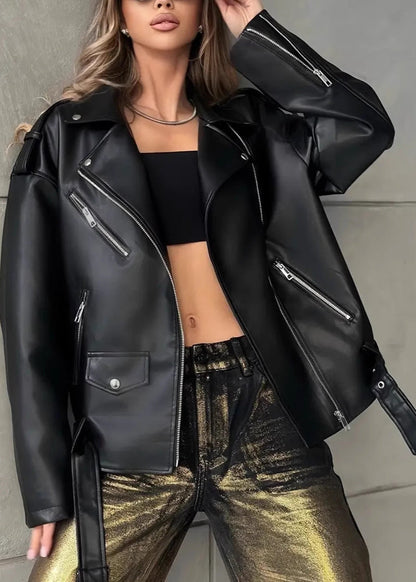 Oversize Suni Deri Biker Ceket
