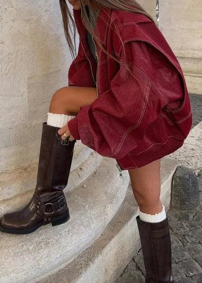 Oversize Şarap Kırmızı Fermuarlı Ceket