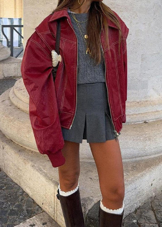 Oversize Şarap Kırmızı Fermuarlı Ceket